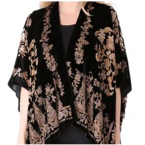Signals Black Gold Tan Burnout Floral Soft Velvet Poncho Kimono 18 One Size